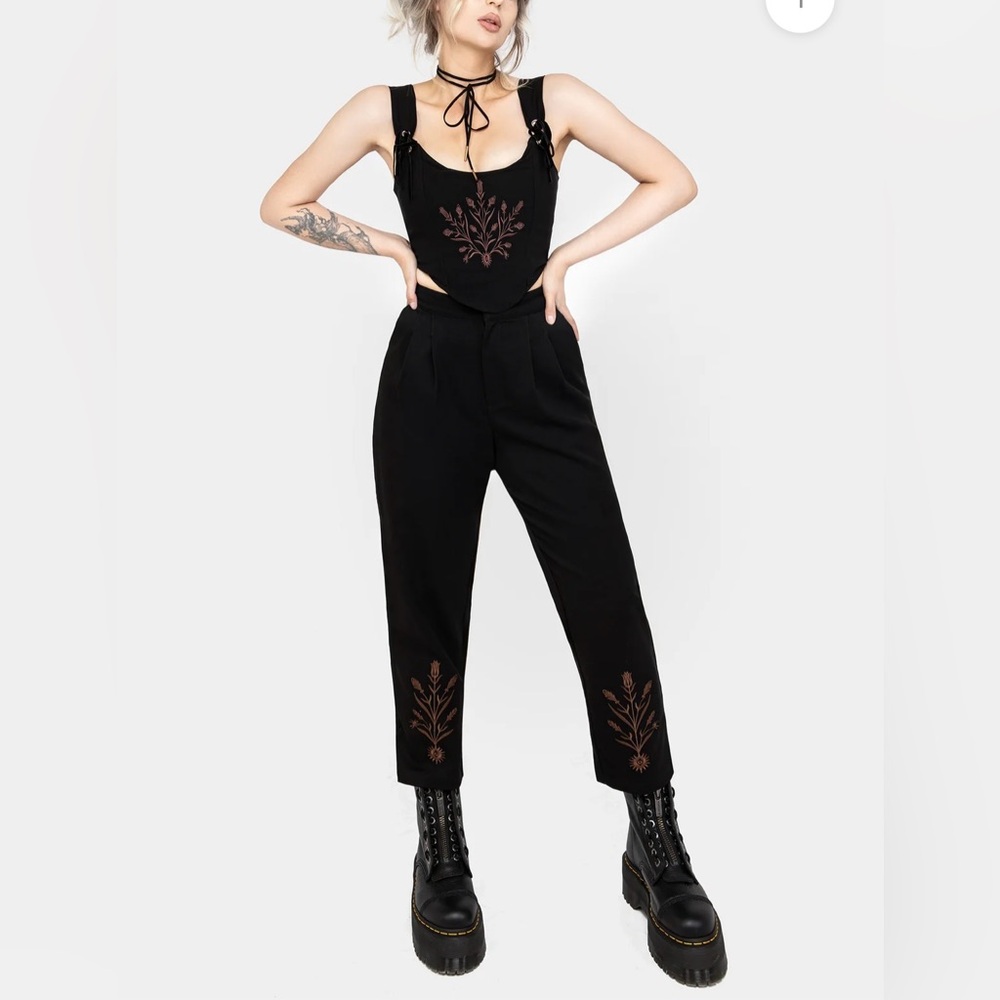 NWT Disturbia Cybele Embroidered Tapered Trousers US 14 Black Pants Goth Witchy